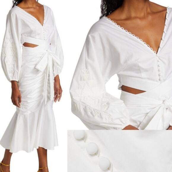 Amur Mailka Embroidered Cutout Sateen White Midi Dress size 4 - Picture 3 of 10